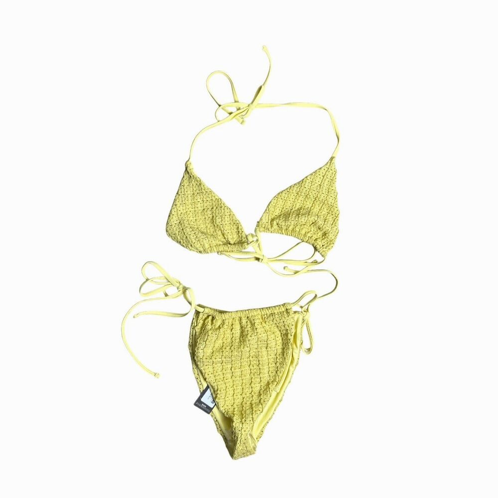 PrettyLittleThing Pastel Yellow Pointelle Knit String Bikini Set NWT/NWOT US 10